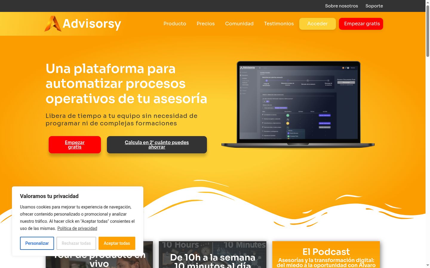 Captura de pantalla del banner de consentimiento mostrado antes de cualquier interacción