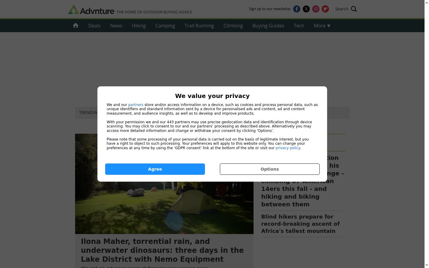 Screenshot del banner di consenso mostrato prima di qualsiasi interazione