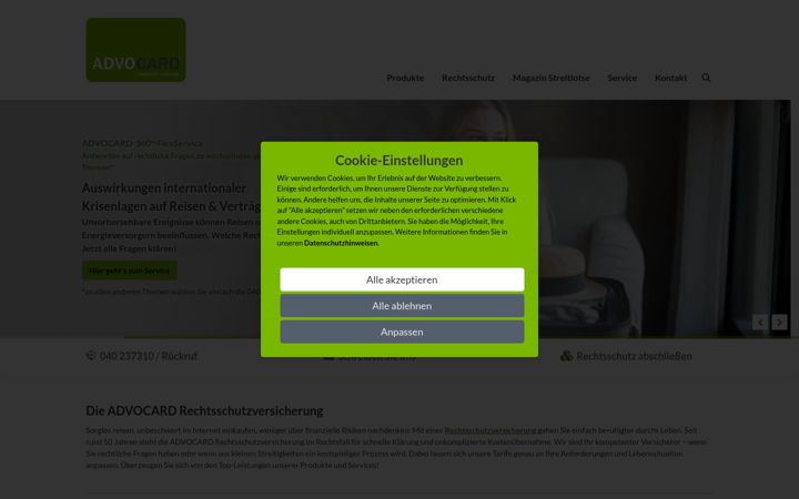 Skärmbild av advocard.de