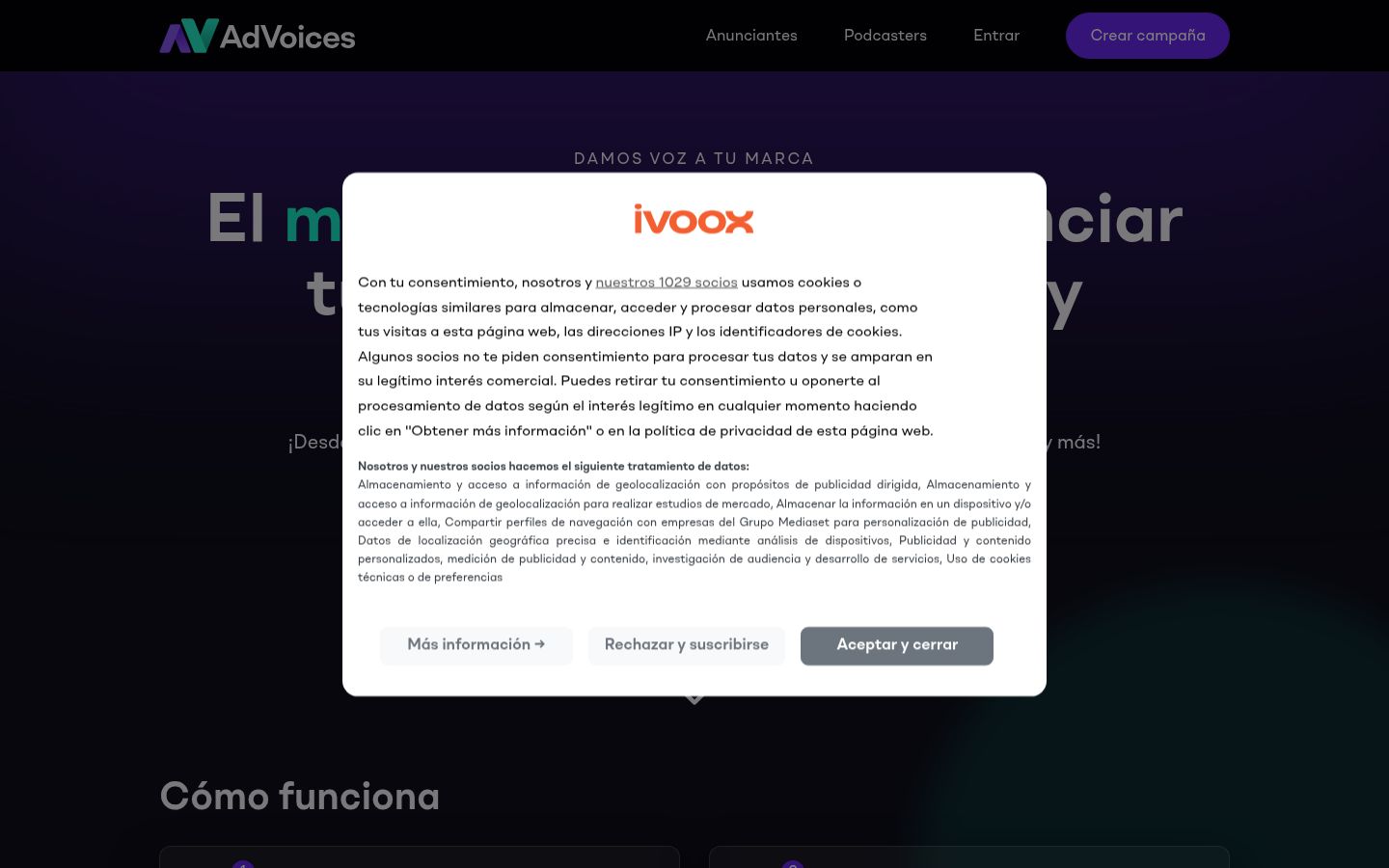 Captura de ecrã do banner de consentimento apresentado antes de qualquer interação