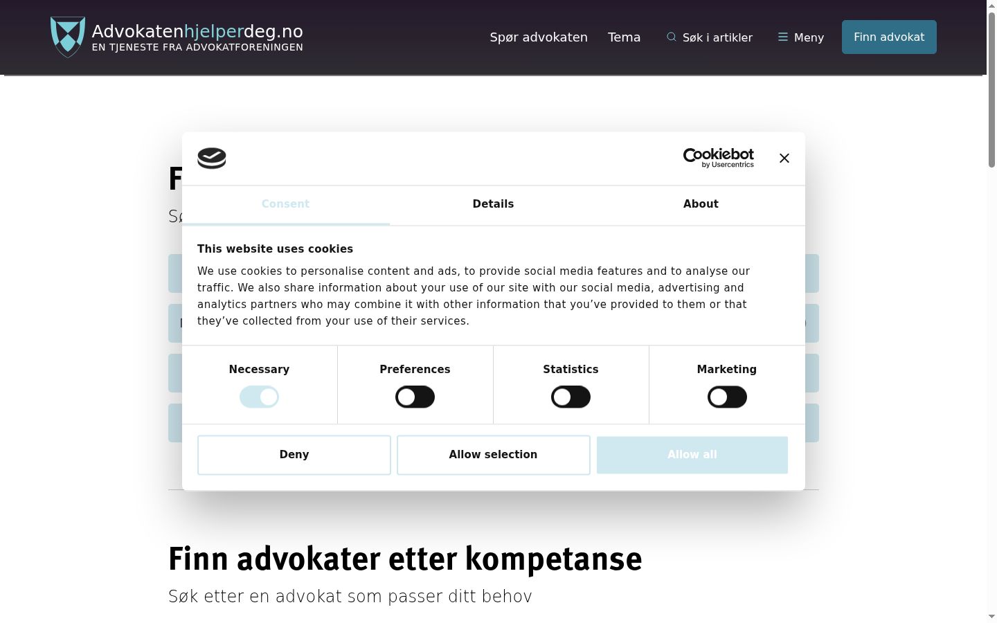 Skärmbild av samtyckesbannern som visades före någon interaktion