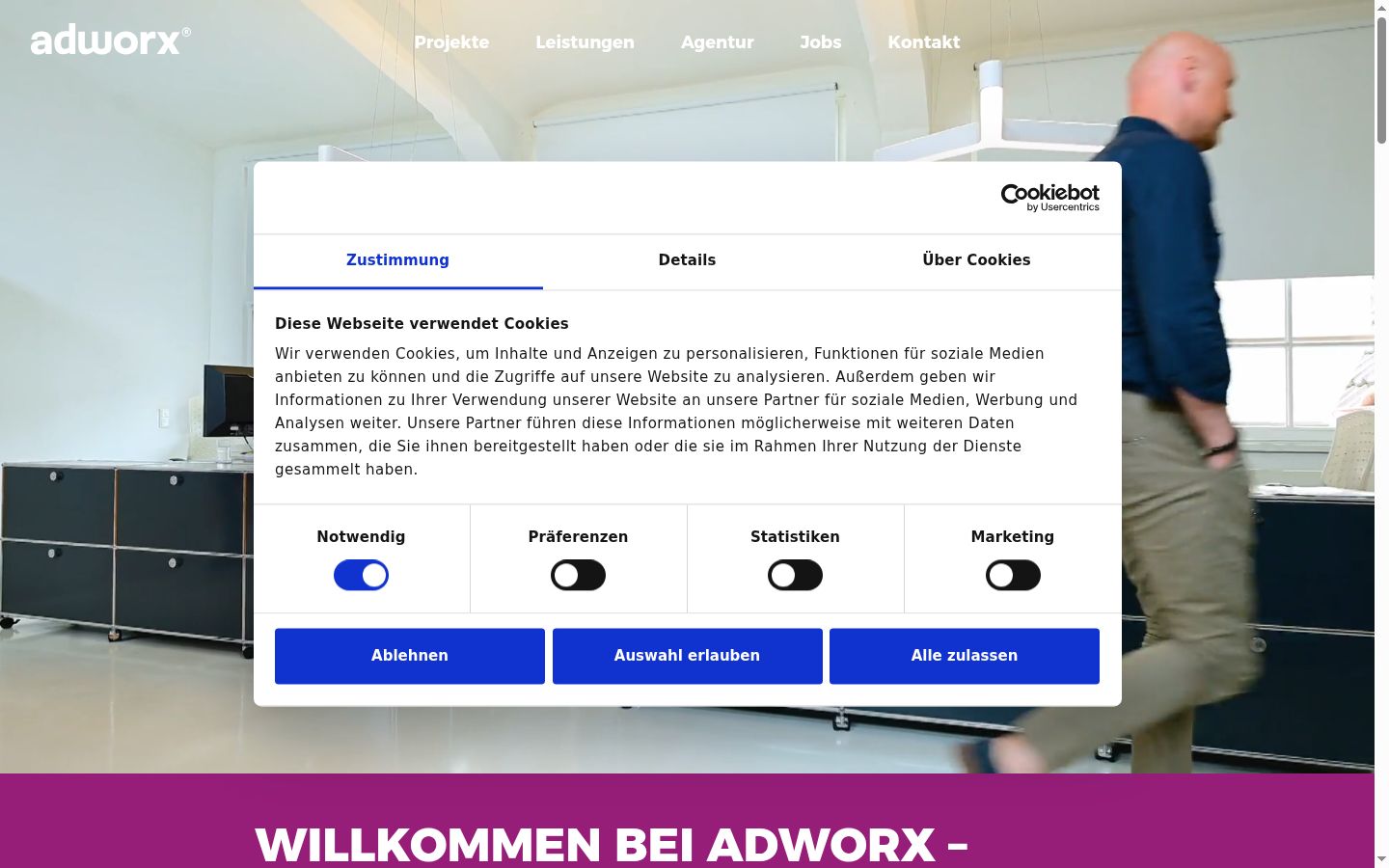 Screenshot des Einwilligungsbanners vor jeglicher Interaktion