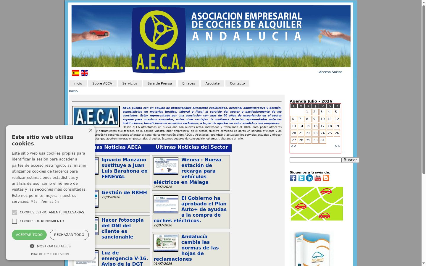 Captura de ecrã do banner de consentimento apresentado antes de qualquer interação