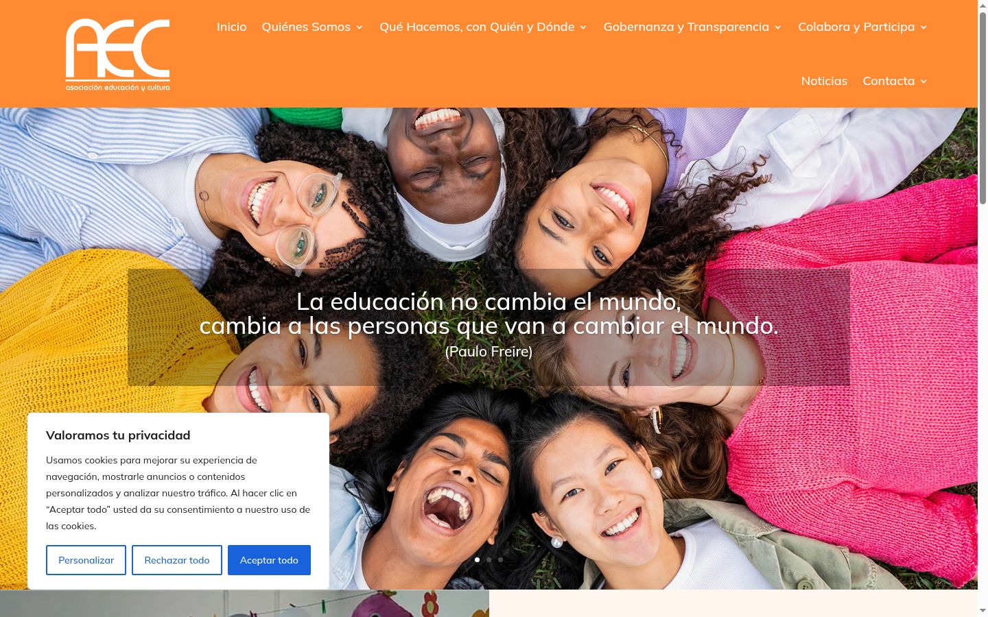 Captura de pantalla del banner de consentimiento mostrado antes de cualquier interacción
