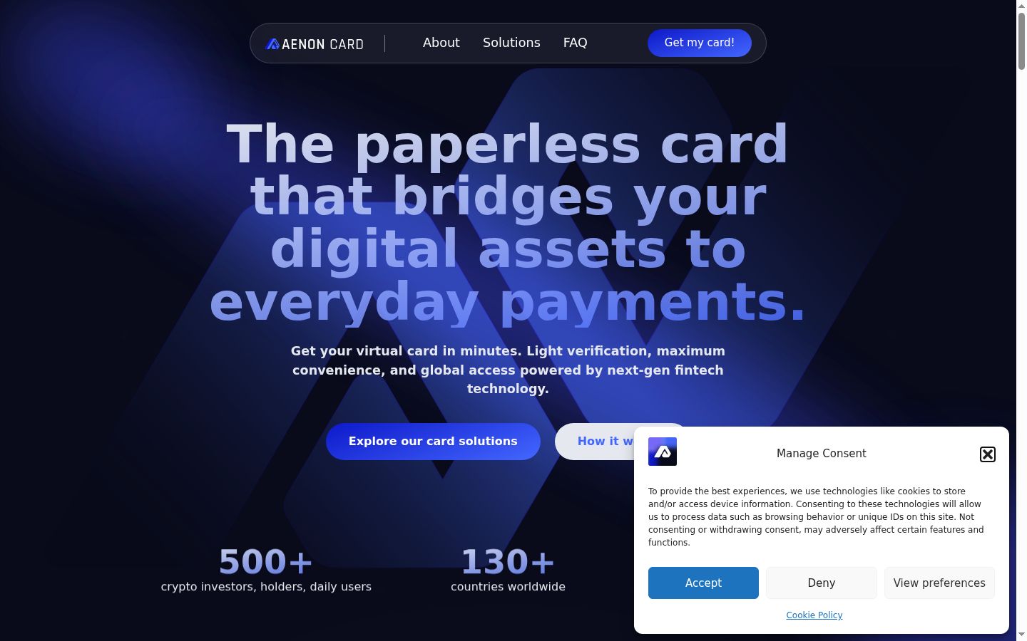 Screenshot del banner di consenso mostrato prima di qualsiasi interazione