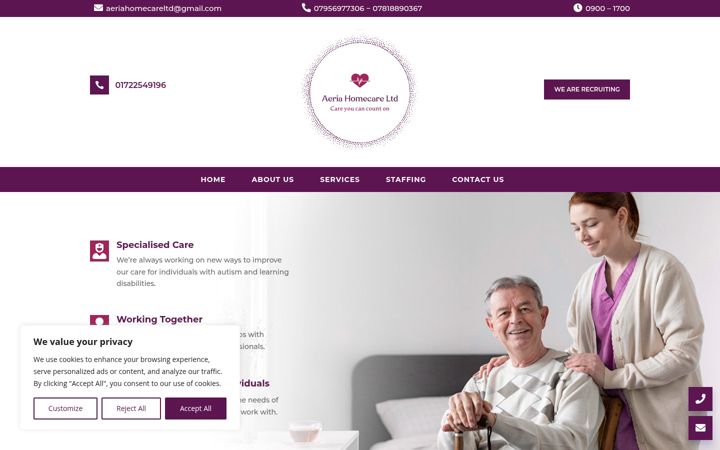 Snímek obrazovky aeriahomecare.co.uk