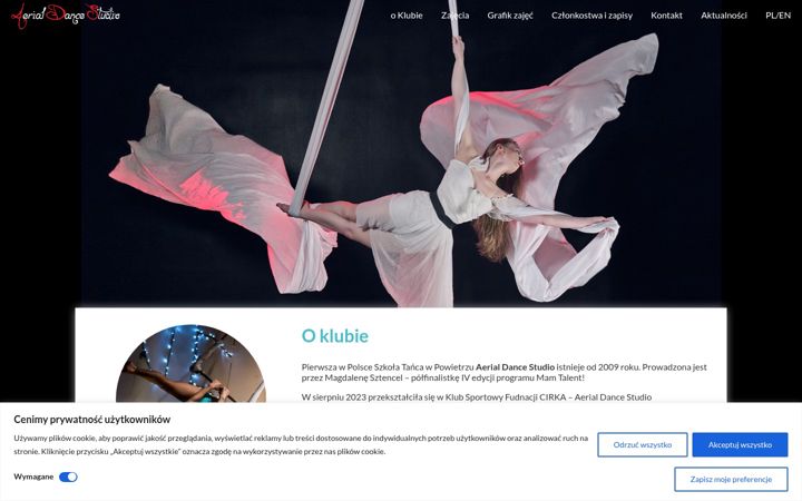 Snímek obrazovky aerialdancestudio.pl
