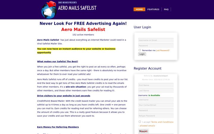 Screenshot von aeromailssafelist.com