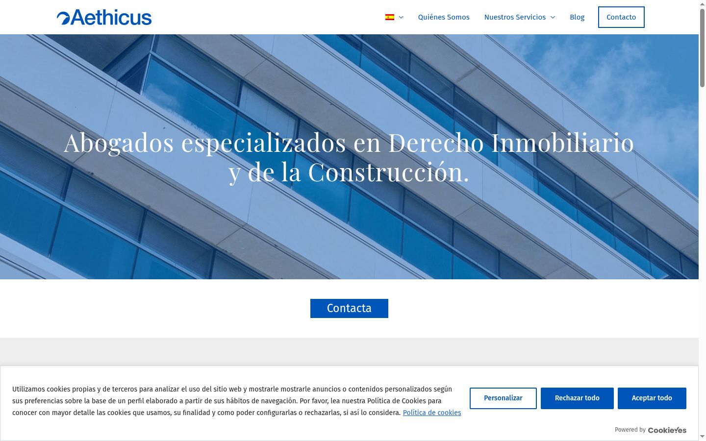 Captura de pantalla del banner de consentimiento mostrado antes de cualquier interacción