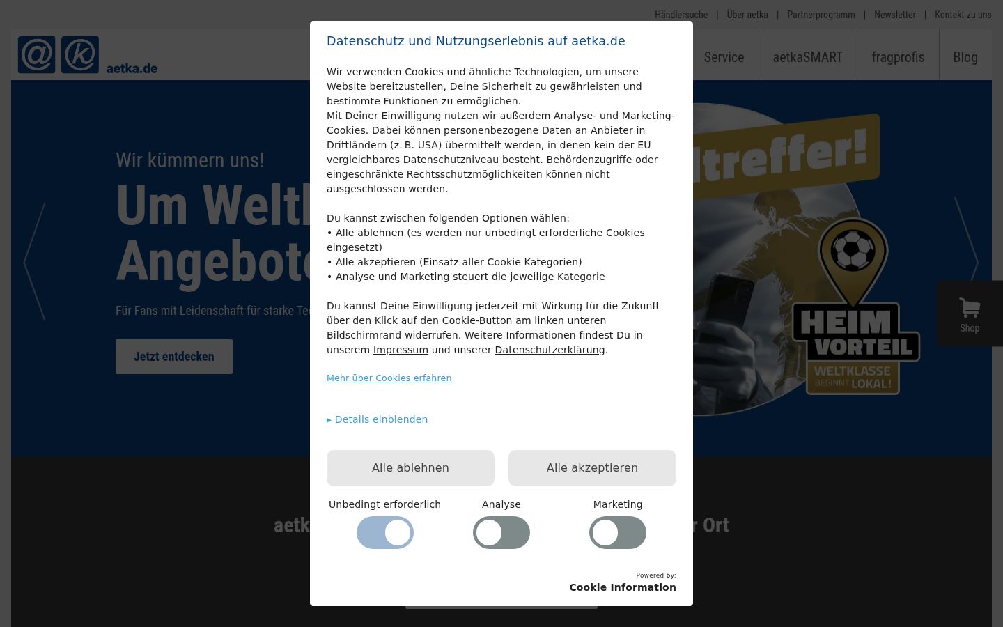 Captura de ecrã do banner de consentimento apresentado antes de qualquer interação