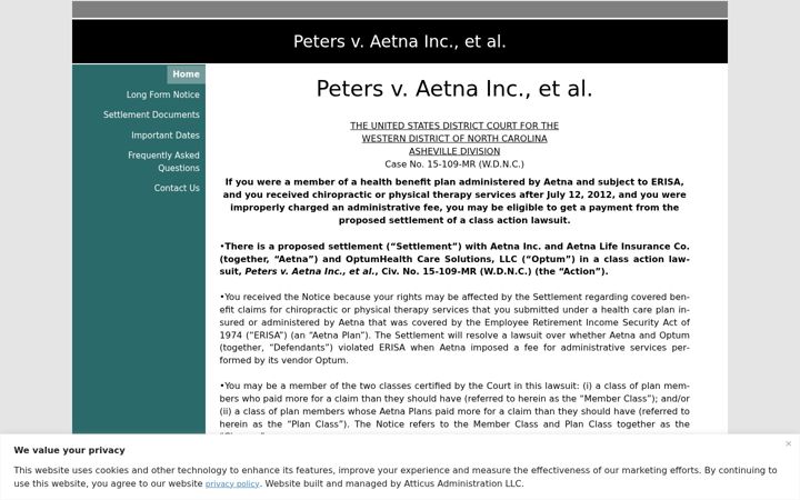 Screenshot von aetnaoptumadminfeesettlement.com