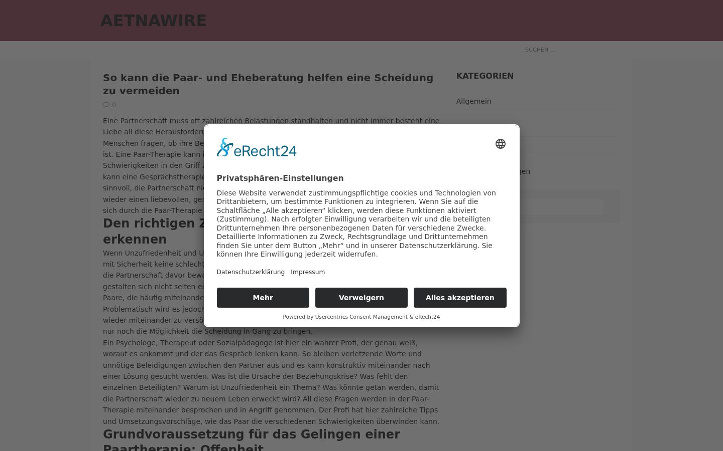 Screenshot des Einwilligungsbanners vor jeglicher Interaktion