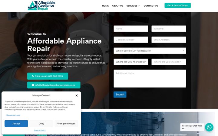 Screenshot of affordableappliancerepair.co.za