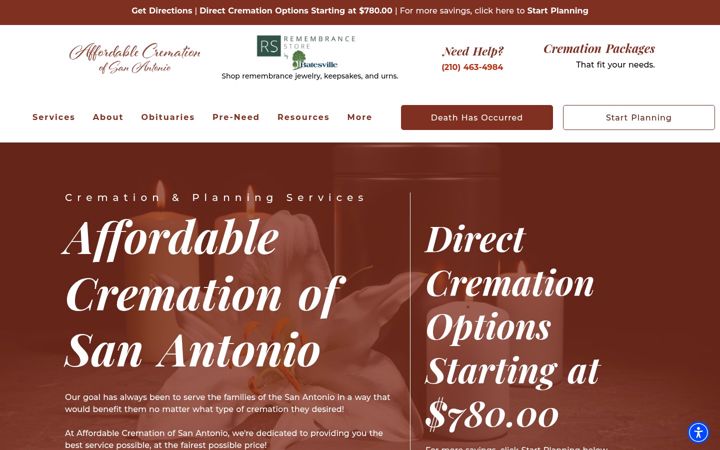 Snímek obrazovky affordablecremationofsanantonio.com