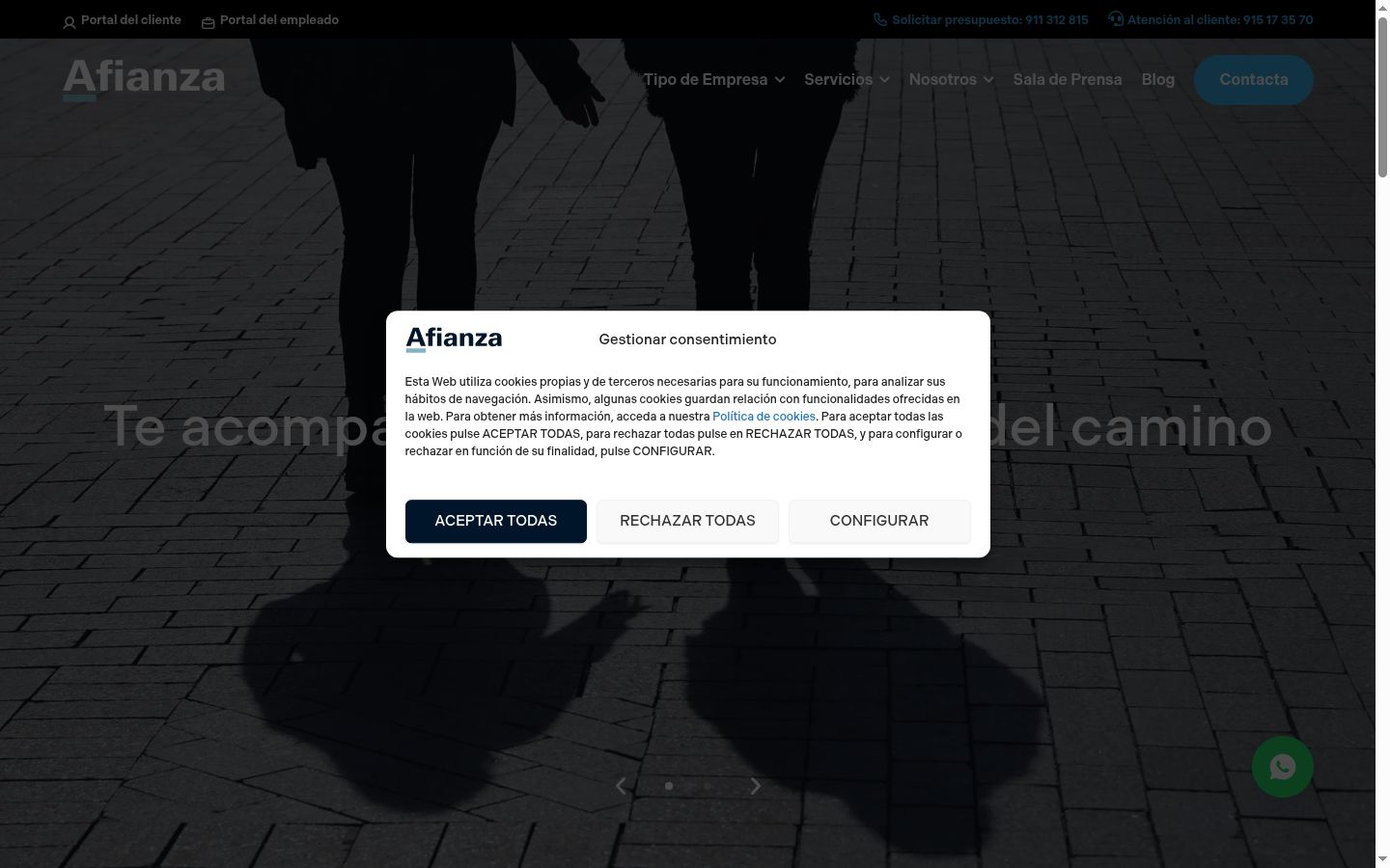 Captura de ecrã do banner de consentimento apresentado antes de qualquer interação