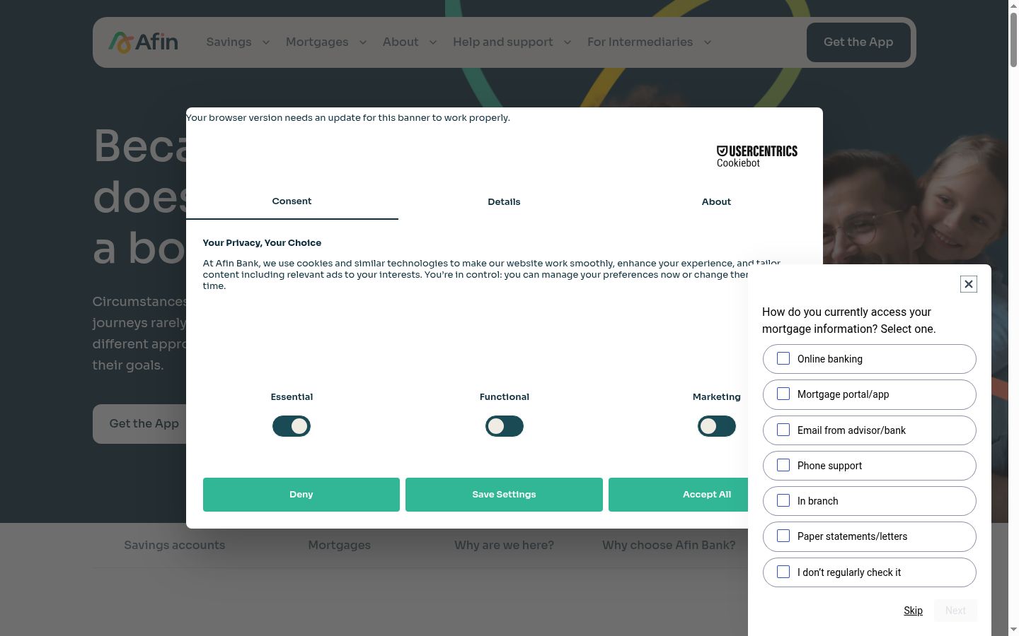 Screenshot del banner di consenso mostrato prima di qualsiasi interazione