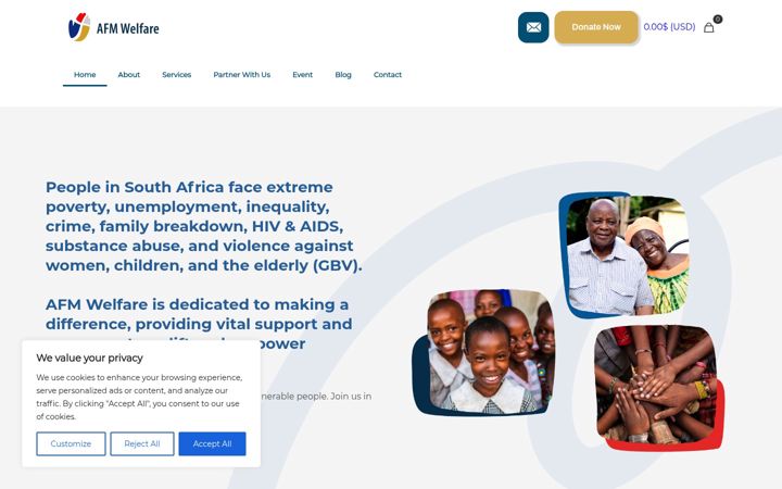 Screenshot stránky afmwelfare.org.za