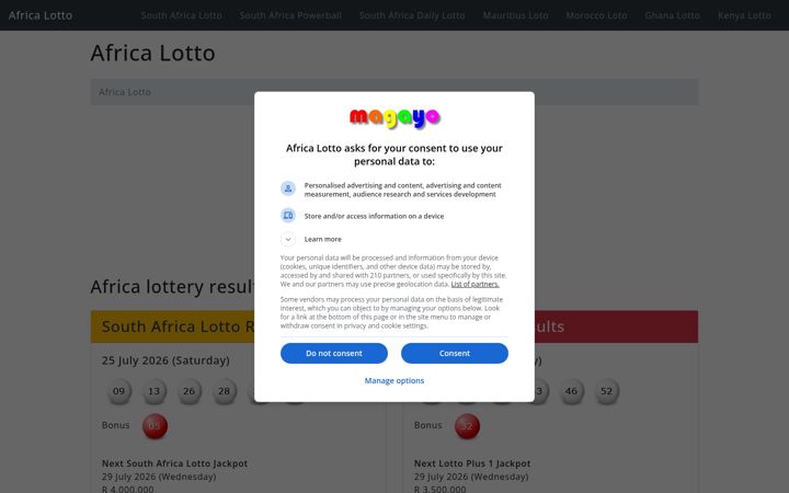Screenshot of africalotto.co.za