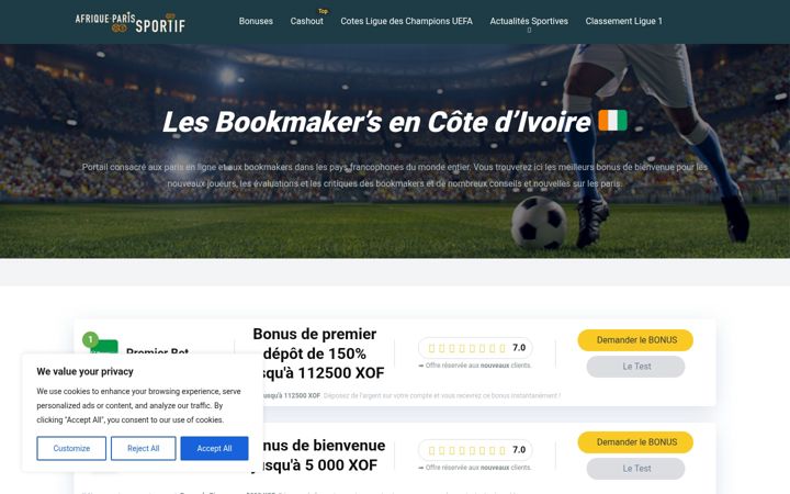 Snímek obrazovky afriqueparissportif.com