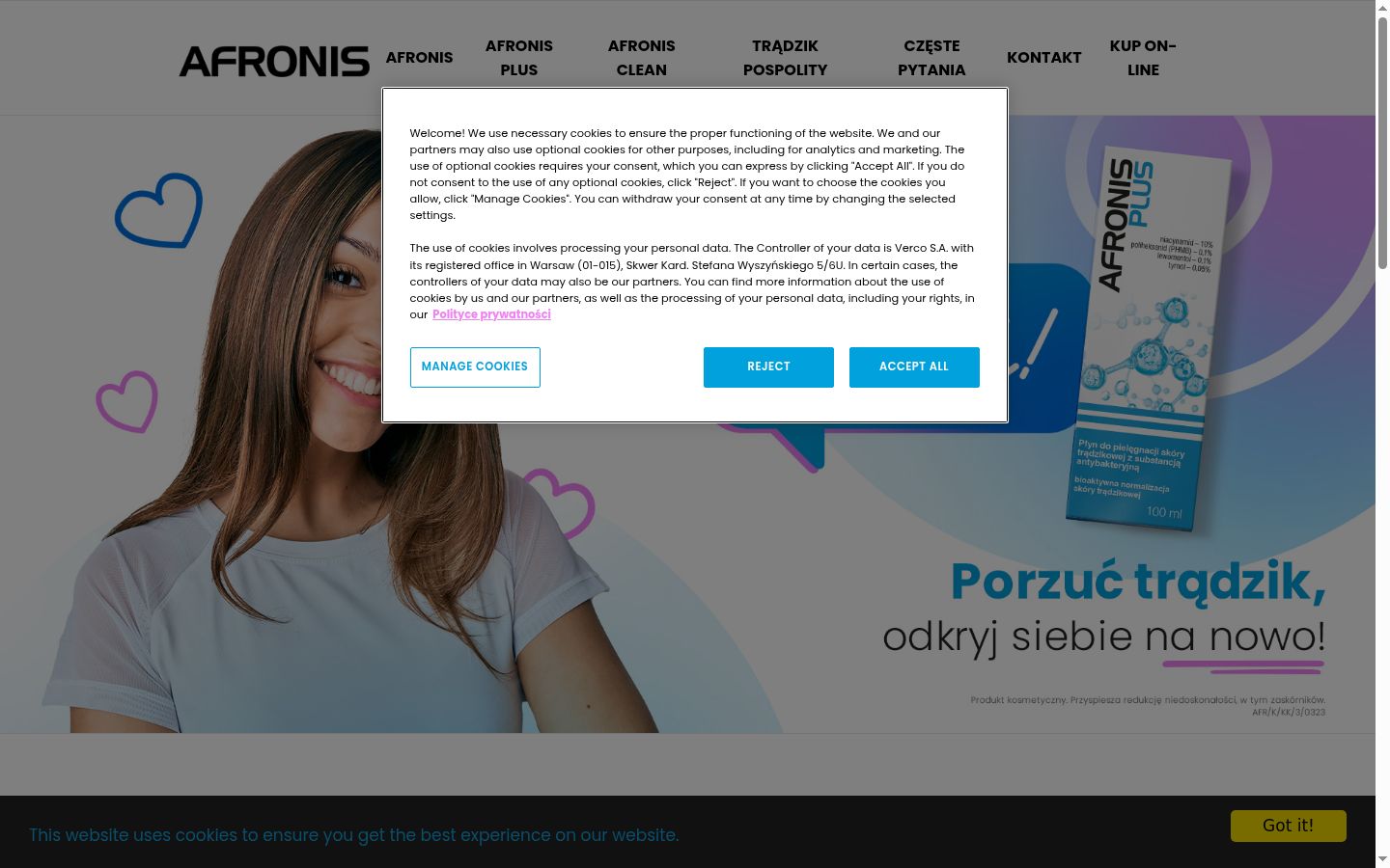 Snímka obrazovky banera súhlasu zobrazeného pred akoukoľvek interakciou