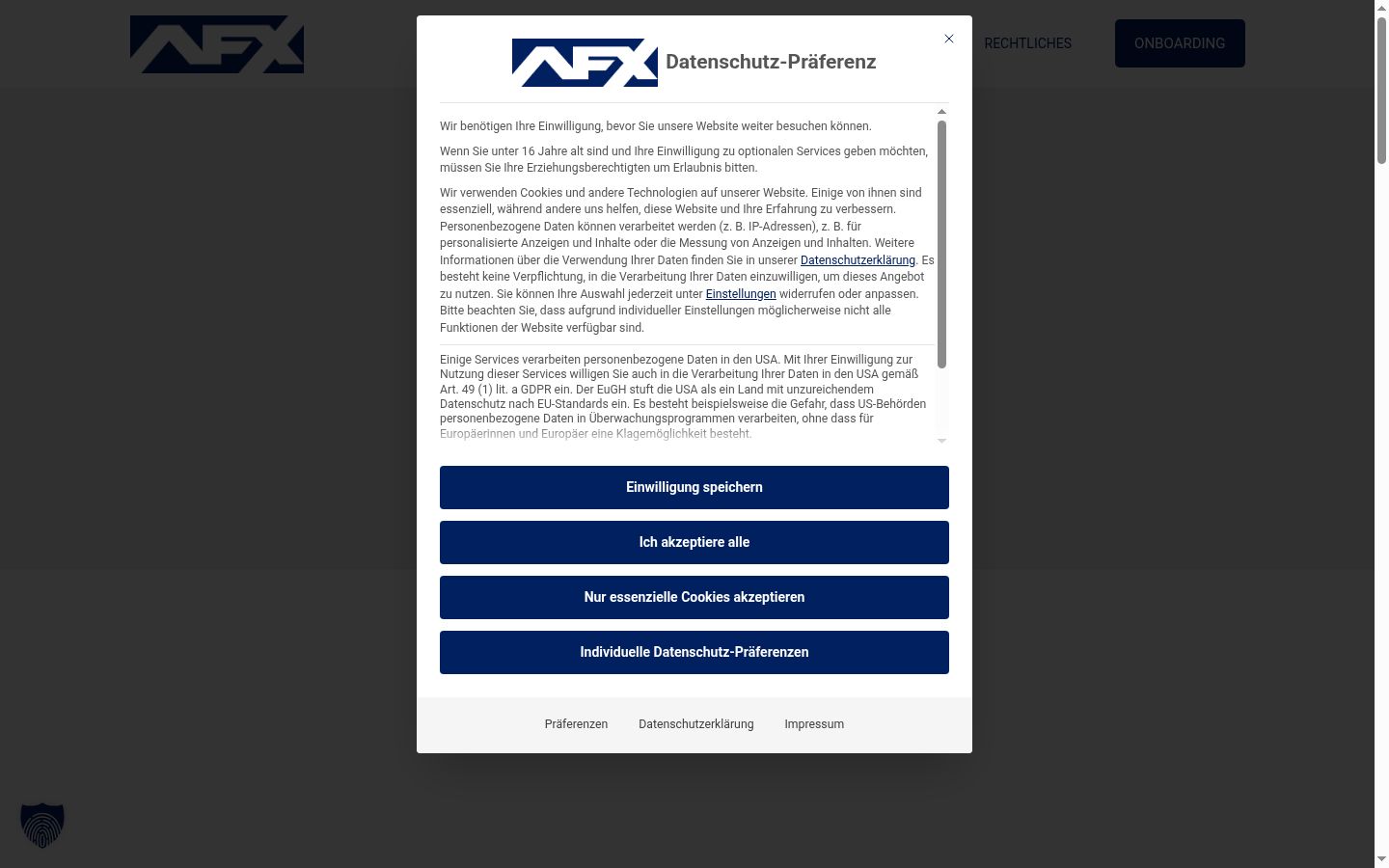 Screenshot del banner di consenso mostrato prima di qualsiasi interazione