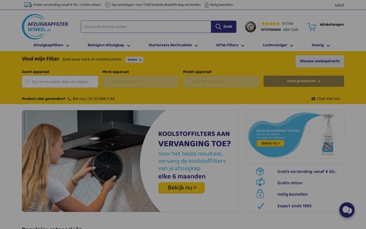 Screenshot of afzuigkapfilterwinkel.nl
