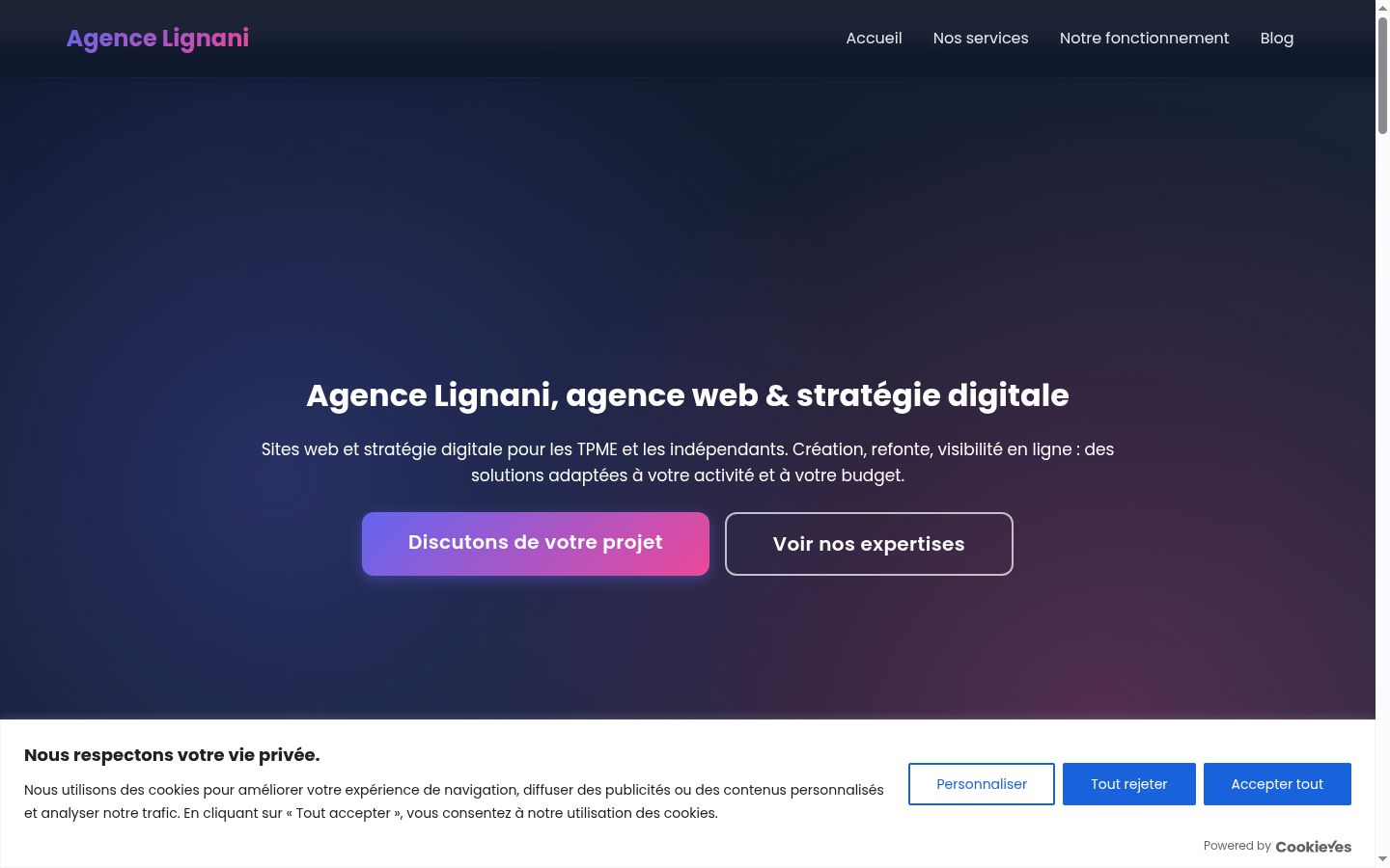 Capture d'écran de la bannière de consentement affichée avant toute interaction