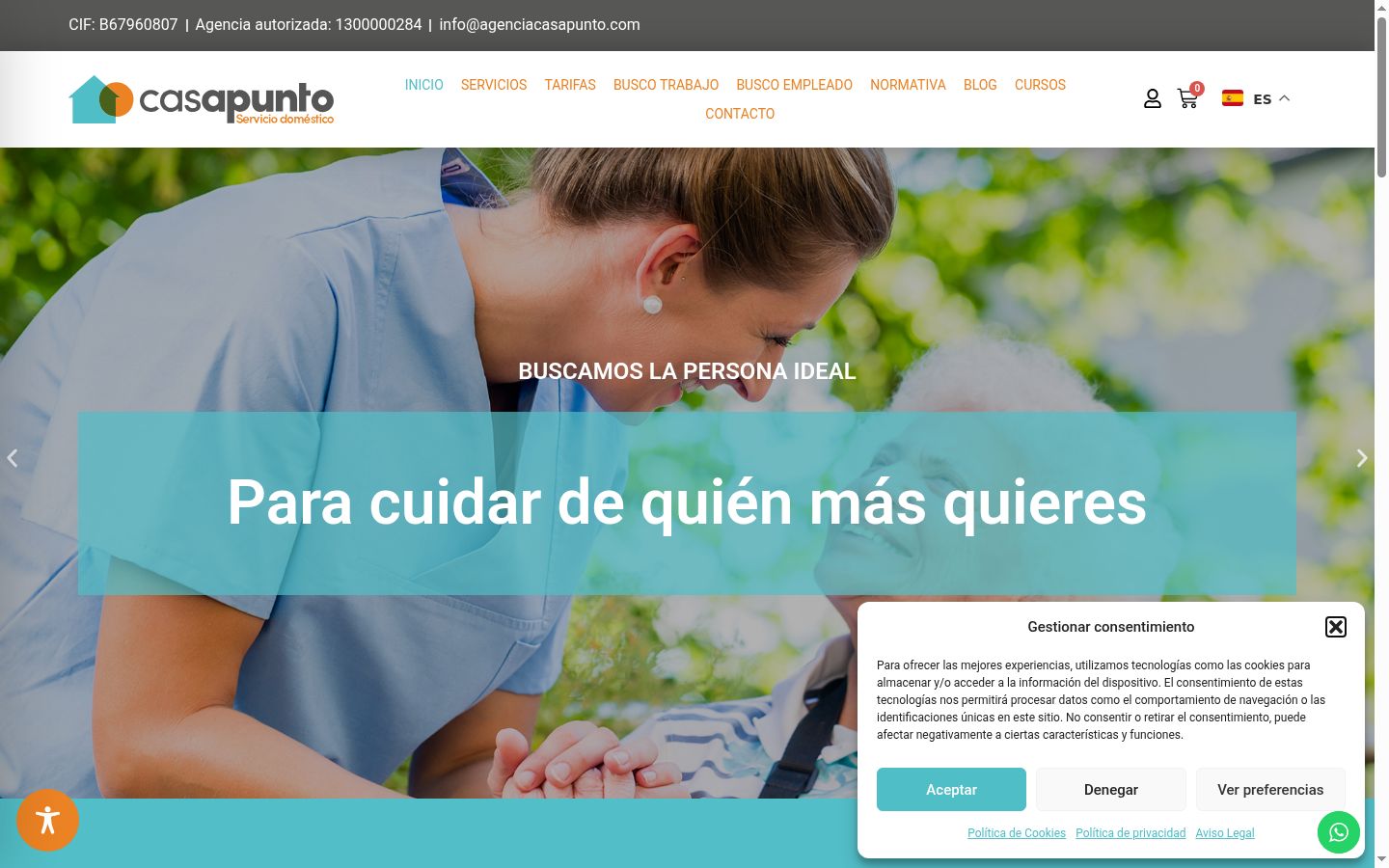 Captura de pantalla del banner de consentimiento mostrado antes de cualquier interacción