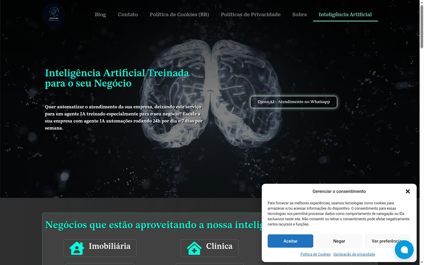 Captura de ecrã do banner de consentimento apresentado antes de qualquer interação