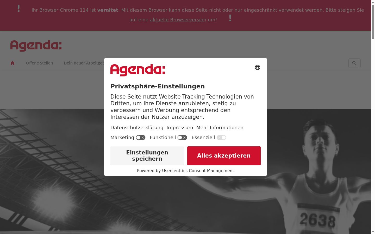 Ekrānuzņēmums ar piekrišanas baneri, kas tika rādīts pirms jebkādas mijiedarbības