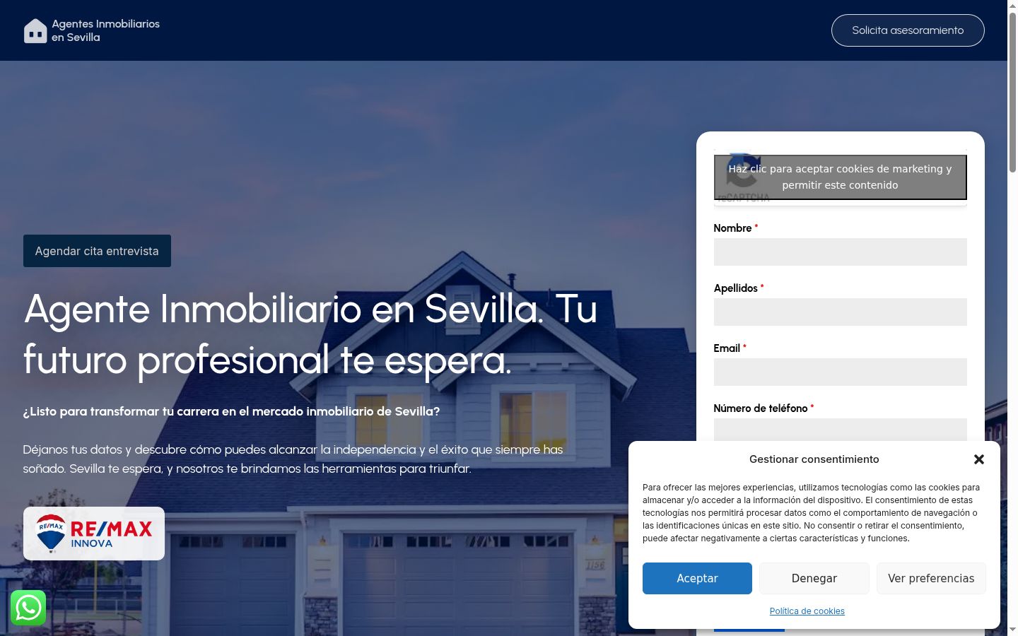 Captura de pantalla del banner de consentimiento mostrado antes de cualquier interacción