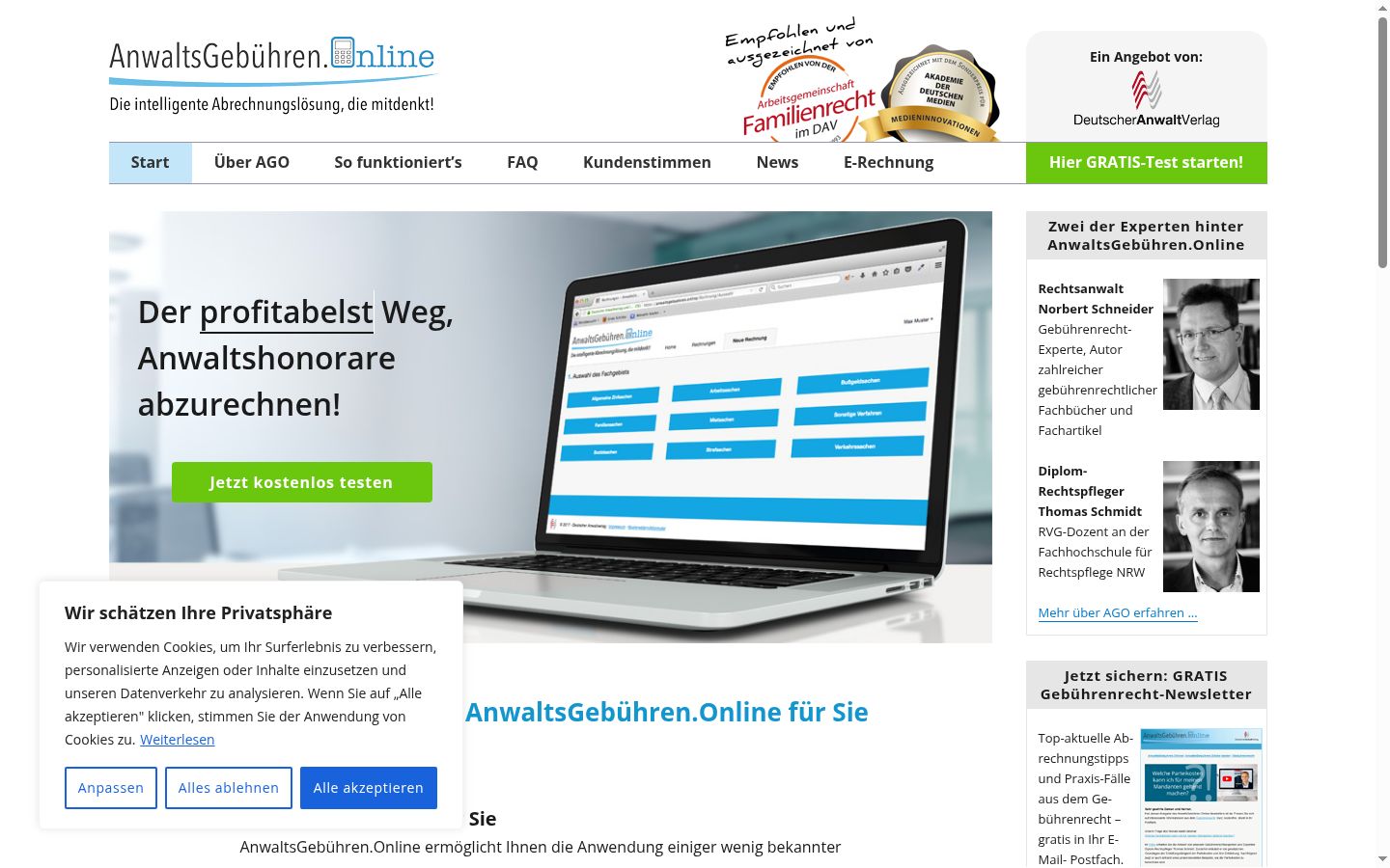 Screenshot des Einwilligungsbanners vor jeglicher Interaktion
