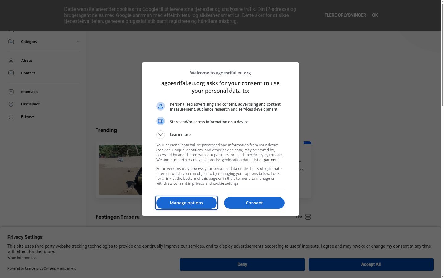 Sutikimo reklamjuostės, rodytos prieš bet kokią sąveiką, ekrano kopija