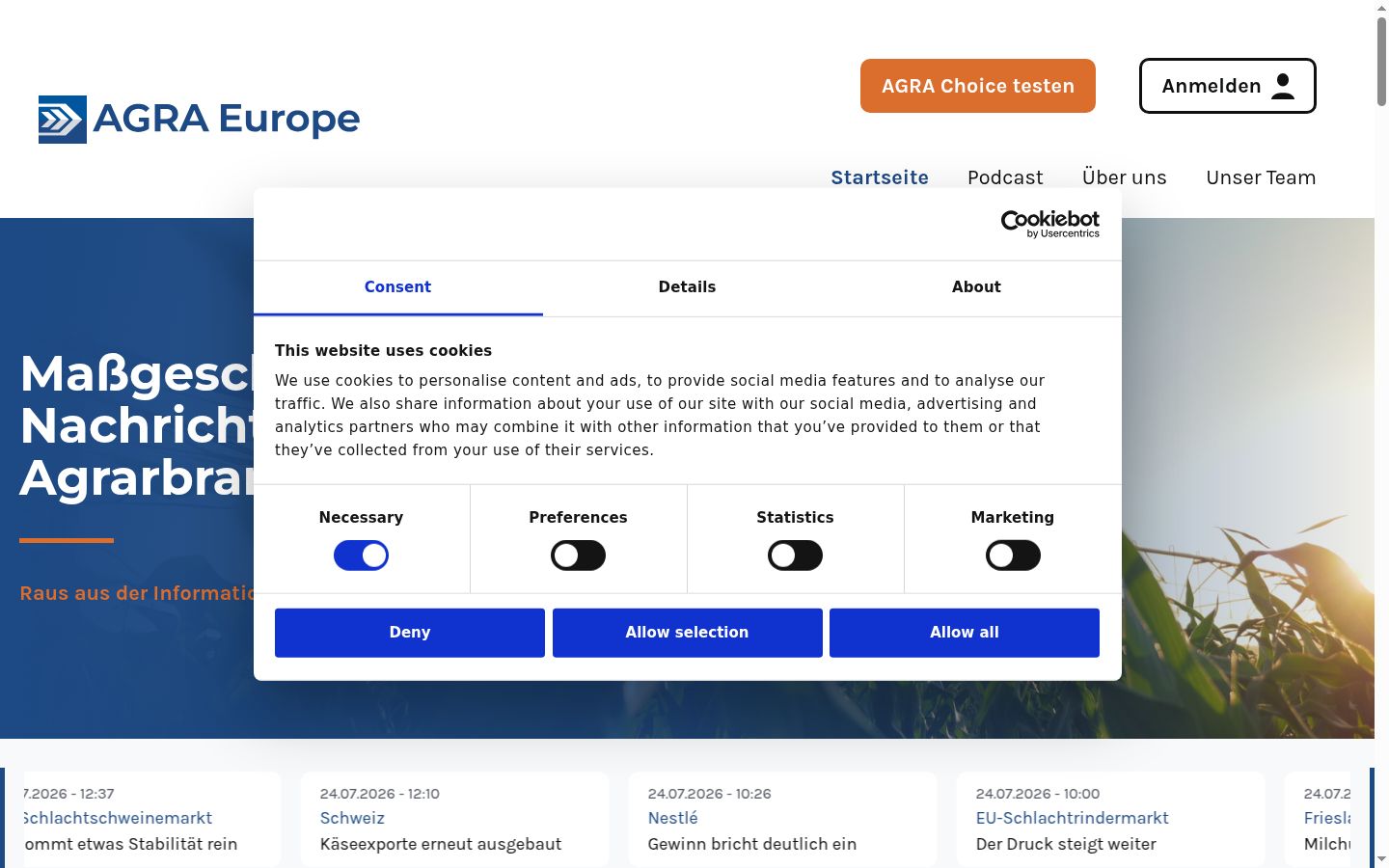Screenshot del banner di consenso mostrato prima di qualsiasi interazione