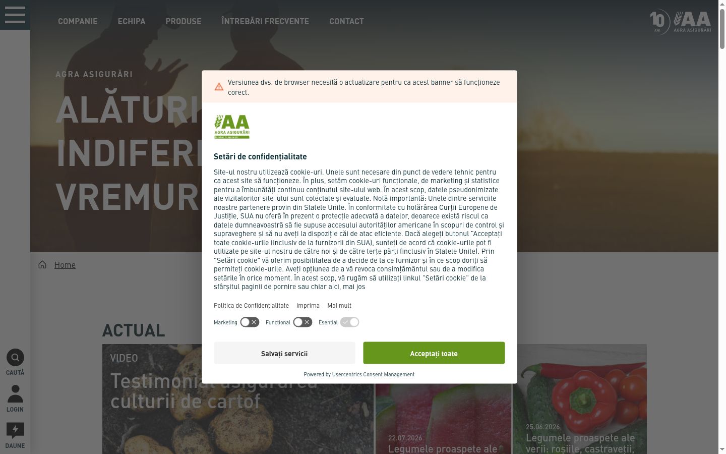Skärmbild av samtyckesbannern som visades före någon interaktion