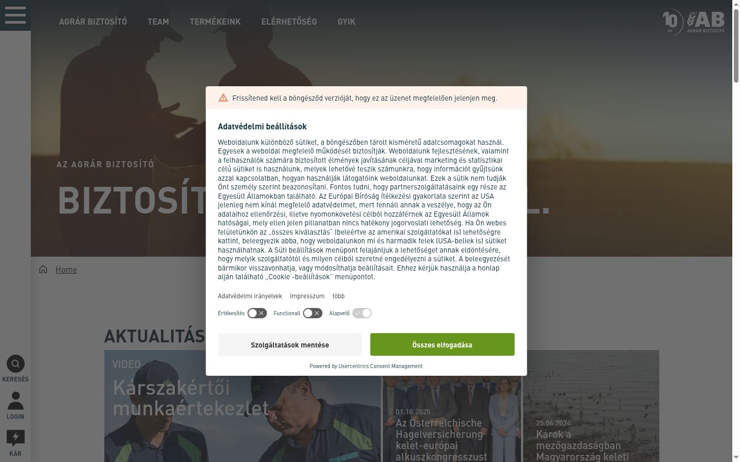 Képernyőkép a bármilyen interakció előtt megjelenő hozzájárulási bannerről