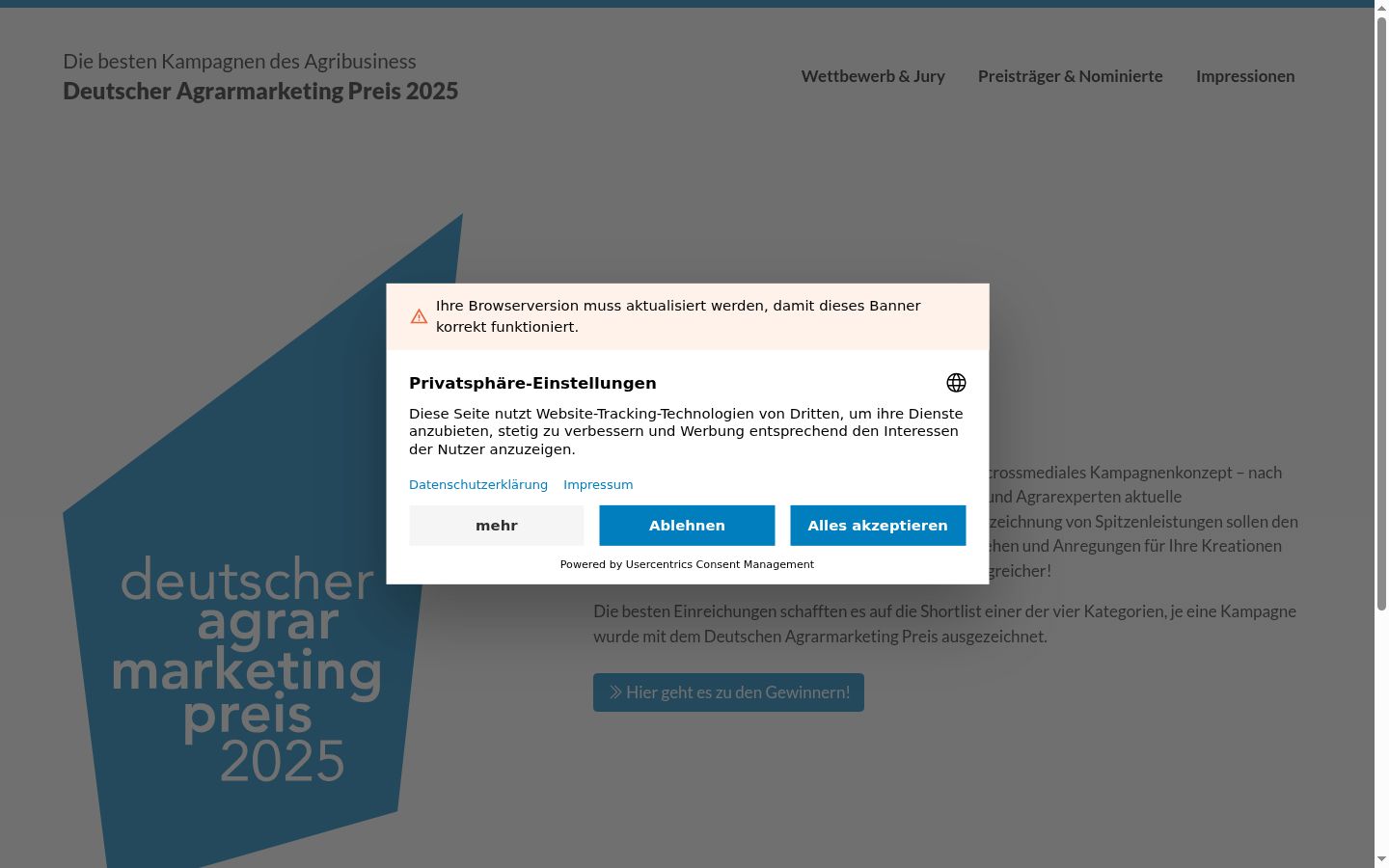 Screenshot des Einwilligungsbanners vor jeglicher Interaktion