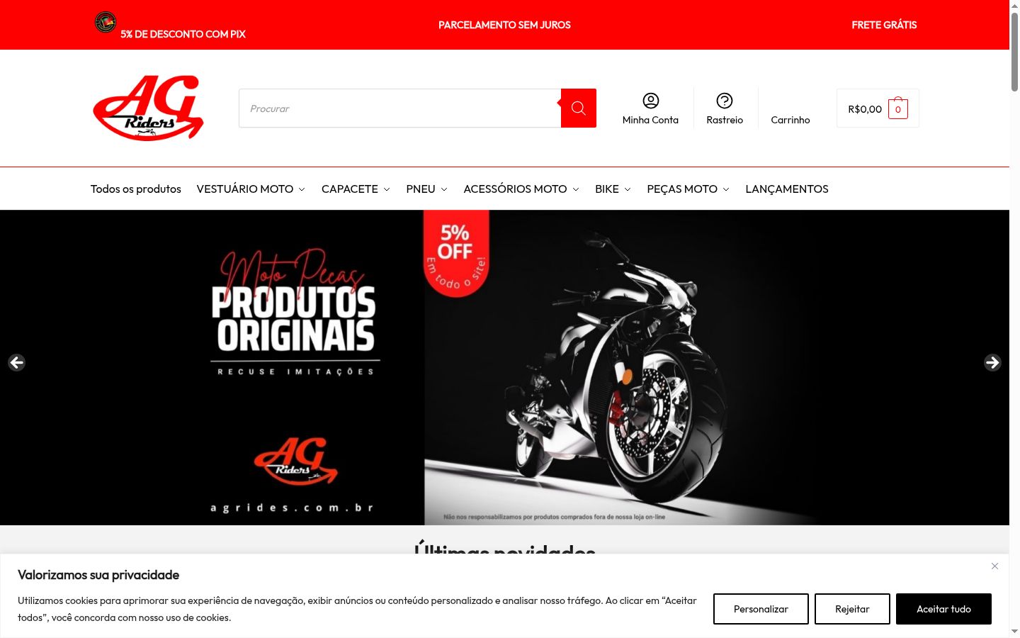 Captura de ecrã do banner de consentimento apresentado antes de qualquer interação