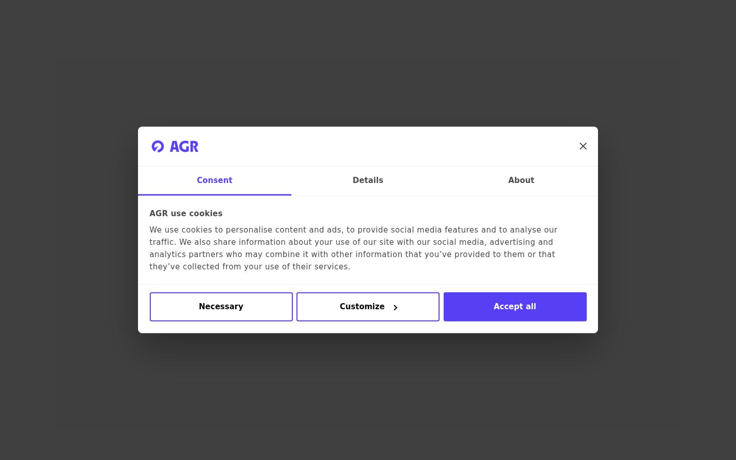 Screenshot del banner di consenso mostrato prima di qualsiasi interazione