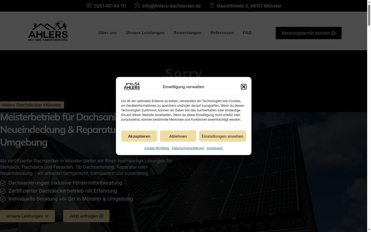 Screenshot des Einwilligungsbanners vor jeglicher Interaktion