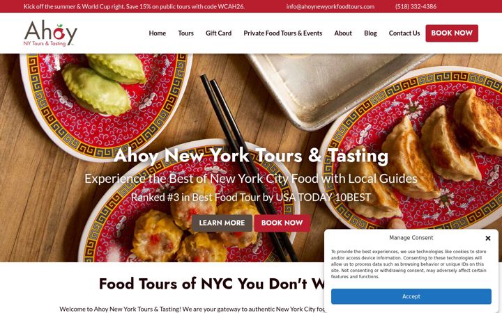 Kuvakaappaus sivustosta ahoynewyorkfoodtours.com