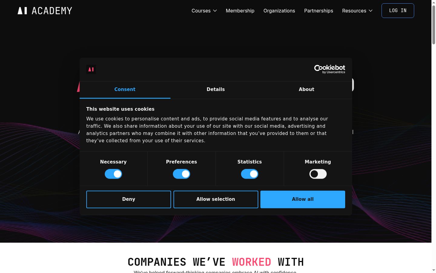 Captura de ecrã do banner de consentimento apresentado antes de qualquer interação