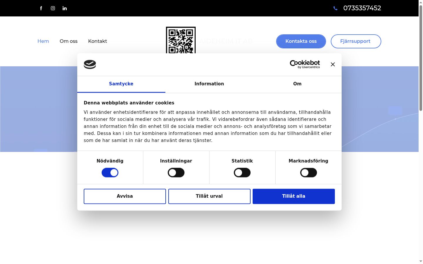 Captura de ecrã do banner de consentimento apresentado antes de qualquer interação