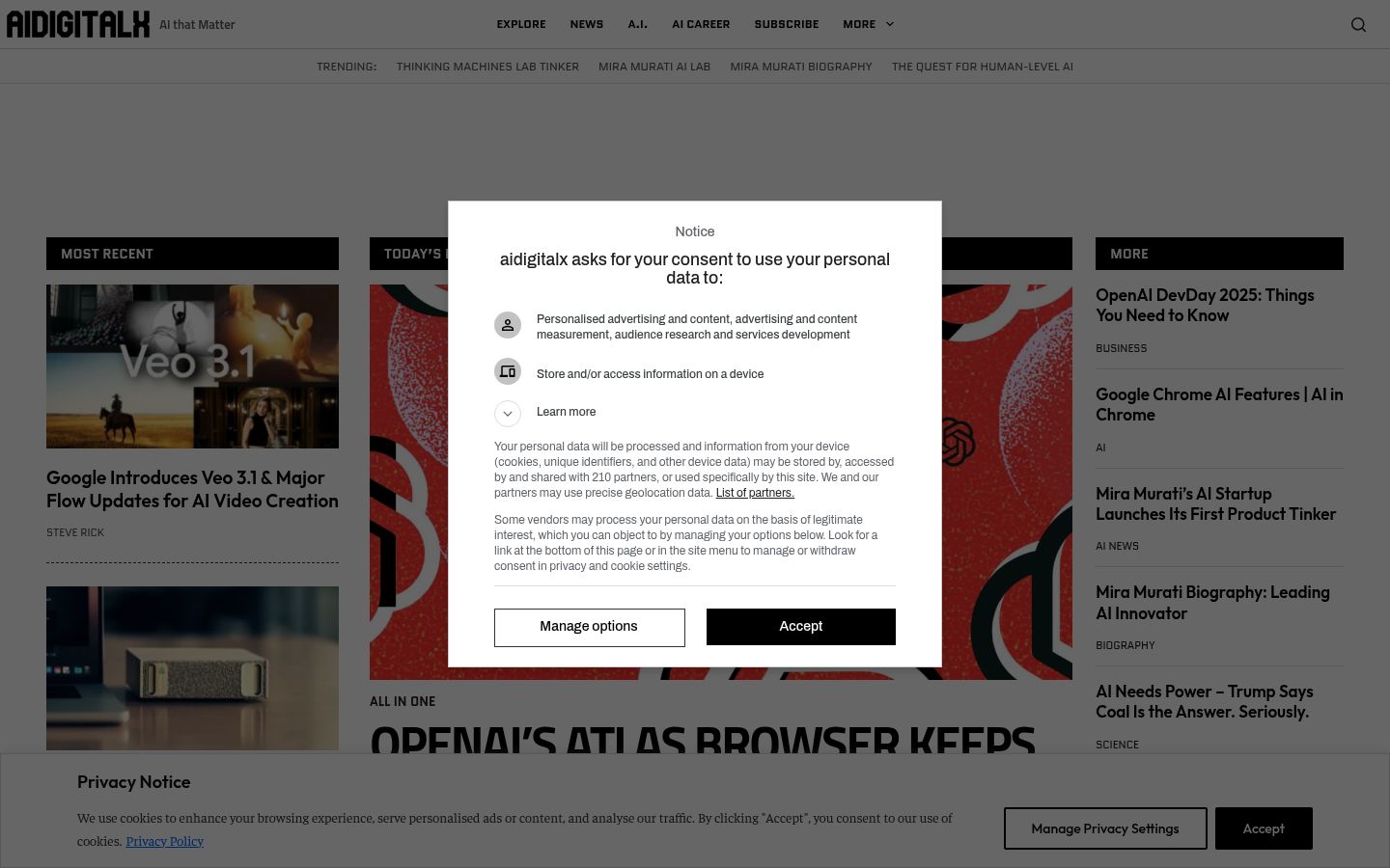 Snímek obrazovky baneru souhlasu zobrazeného před jakoukoli interakcí