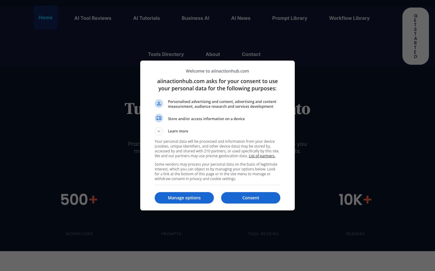 Screenshot del banner di consenso mostrato prima di qualsiasi interazione