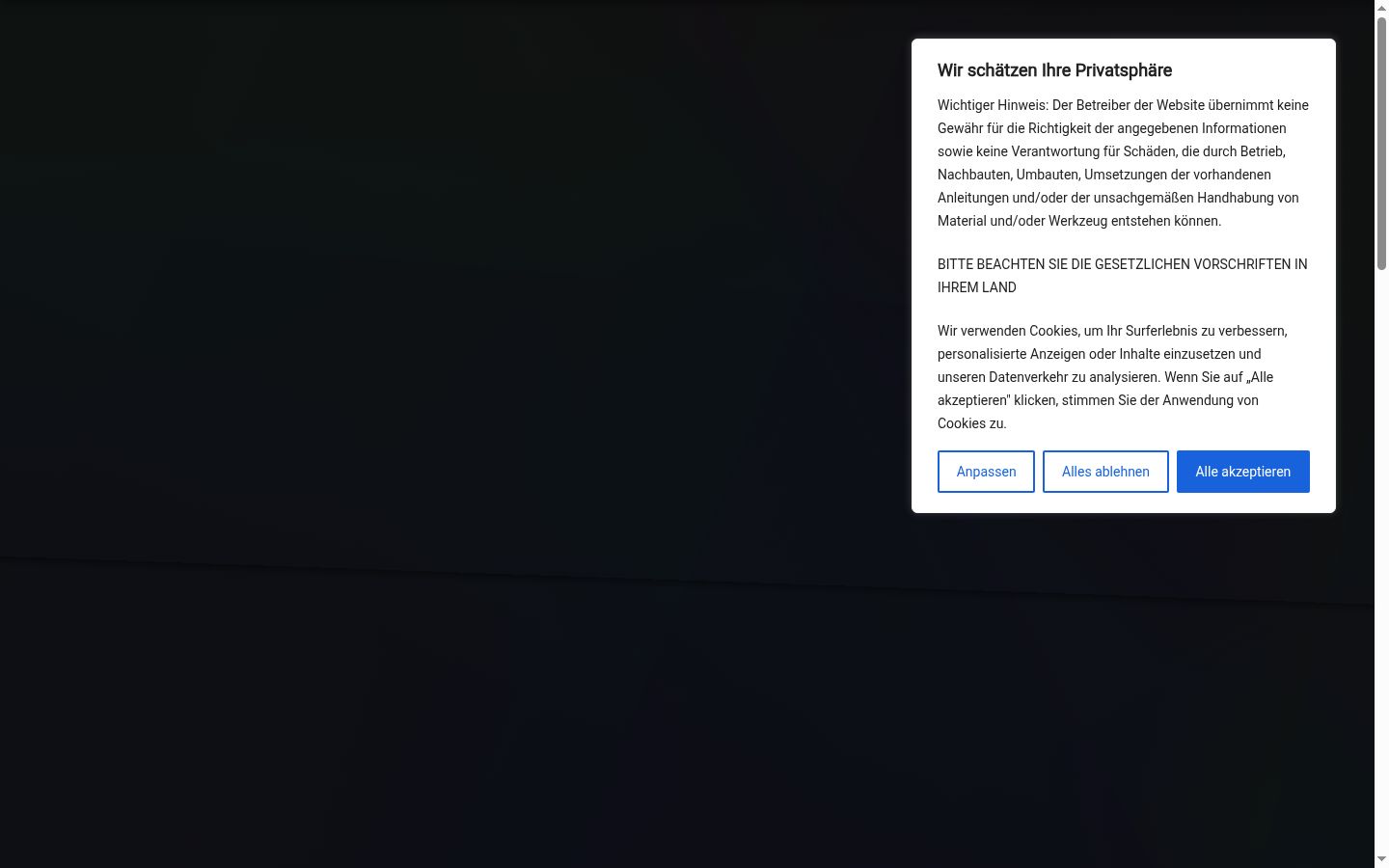 Captura de pantalla del banner de consentimiento mostrado antes de cualquier interacción