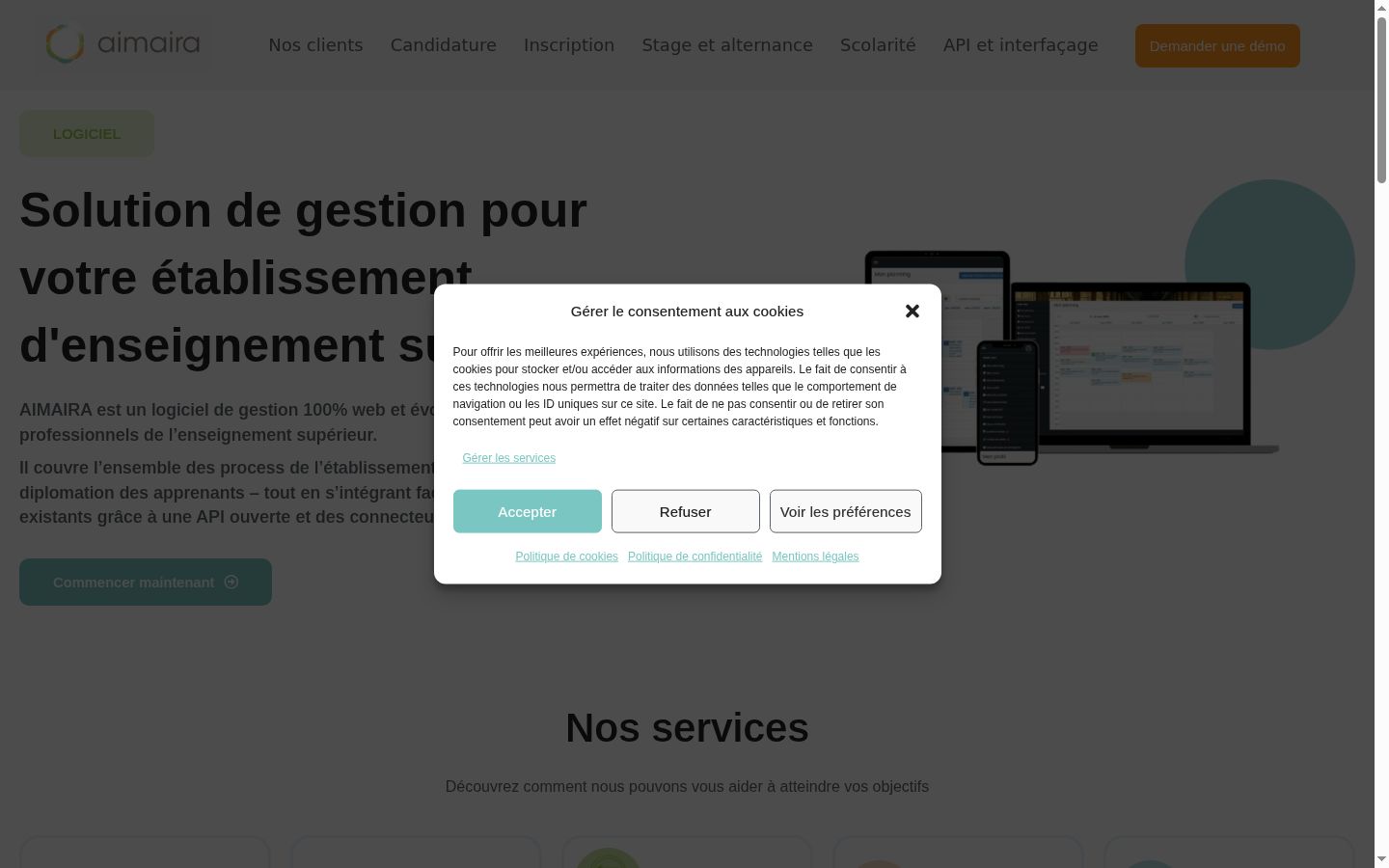 Capture d'écran de la bannière de consentement affichée avant toute interaction