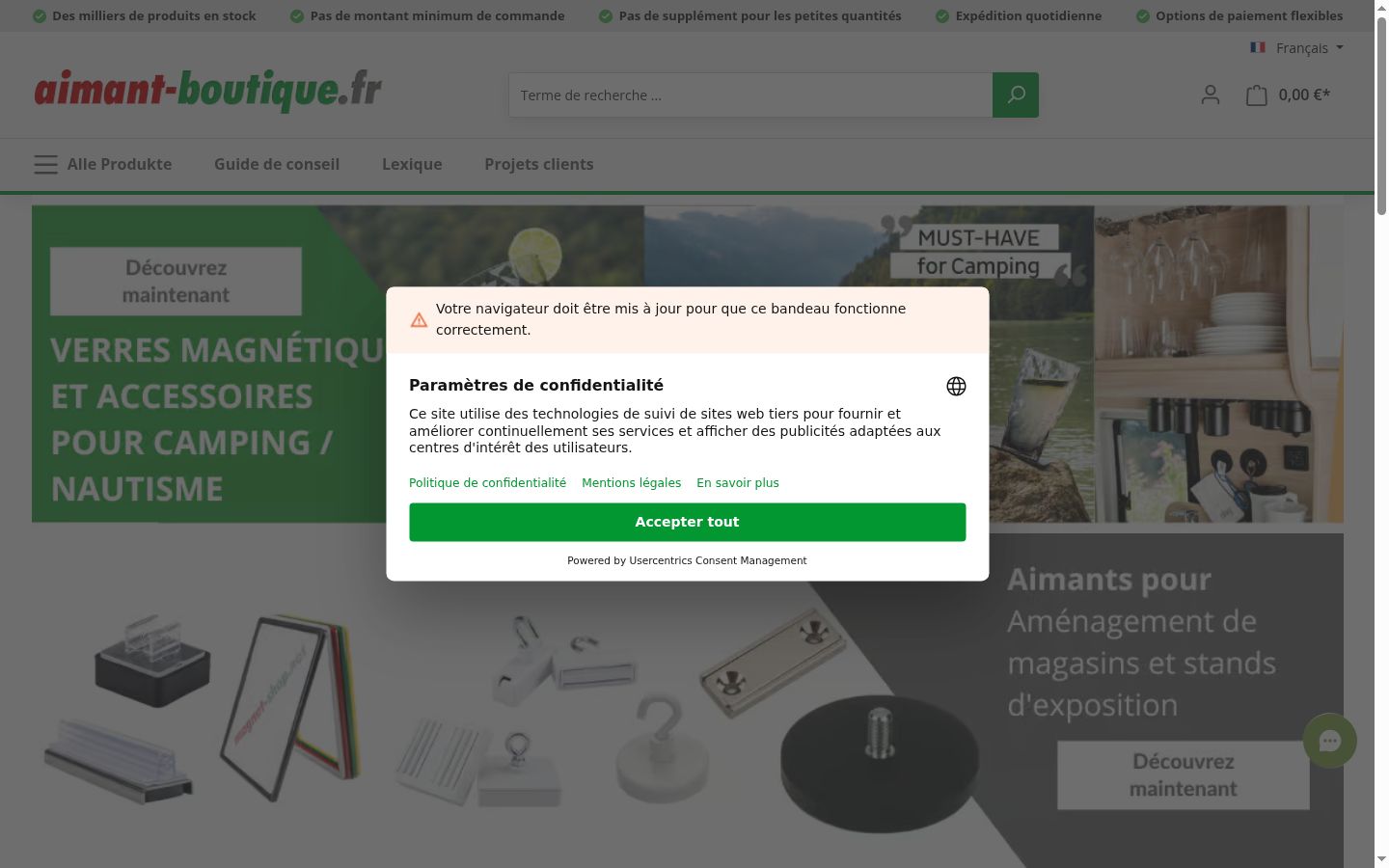 Captura de ecrã do banner de consentimento apresentado antes de qualquer interação