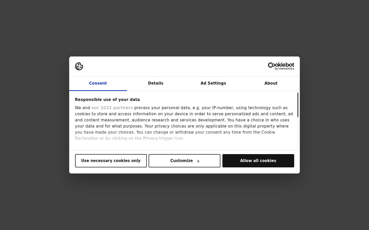 Screenshot del banner di consenso mostrato prima di qualsiasi interazione
