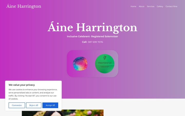 Screenshot of aineharringtoncelebrant.com